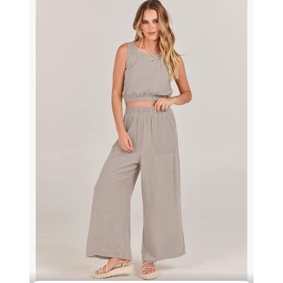 Anrabess Womens 2 Pc Crop Top & Wide Leg Pants Linen Jumpsuit Set Size M Casual - Picture 3 of 13